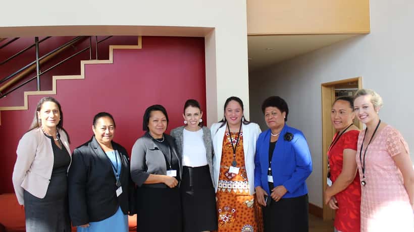 Jacinda Ardern speaking with Pacific Women MPs at a leadership event