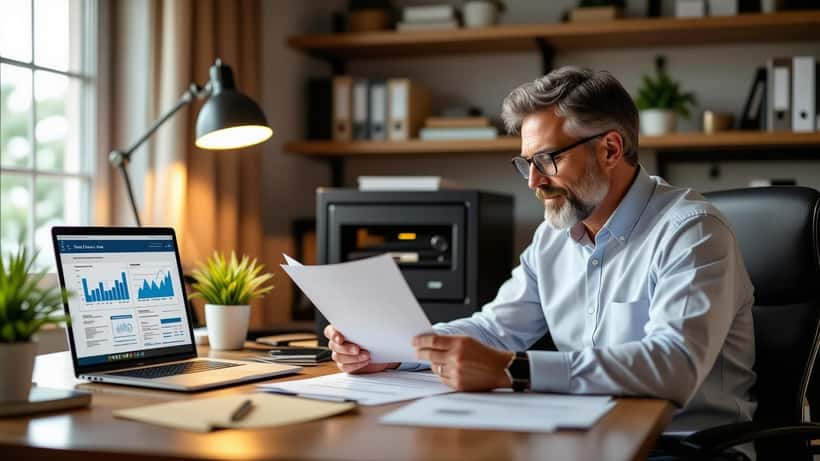 Estate planning attorney reviewing digital asset documents and legal papers at a home office desk with a laptop showing financial accounts