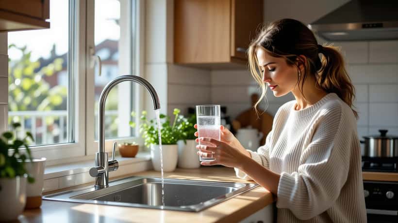 Kvinna undersöker glas kranvatten i kök, PFAS-föroreningar Sverige 2026