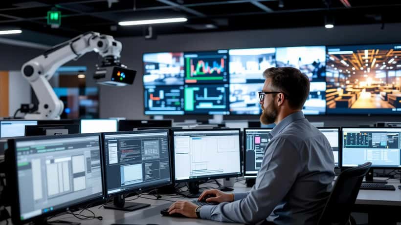 IT-Ingenieur analysiert Automatisierungssystem im Broadcast-Kontrollraum eines deutschen Nachrichtensenders