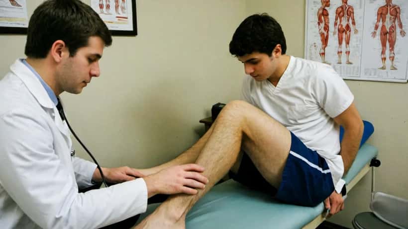 Sports medicine physician examining a patient's Achilles tendon in a Canadian physiotherapy clinic