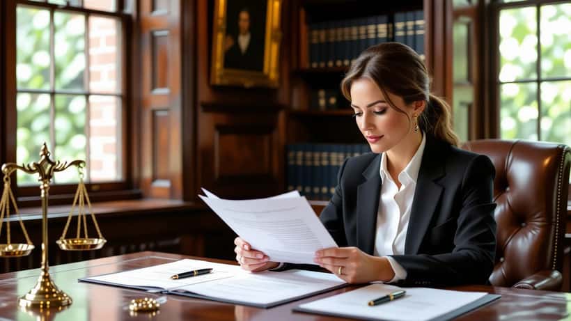 Female solicitor reviewing a prenuptial agreement document at a desk in a London law office