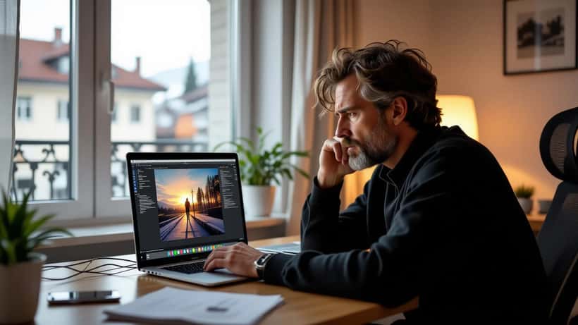 Mann in Wien schaut besorgt auf Laptop-Bildschirm mit verdächtigem KI-manipulierten Video