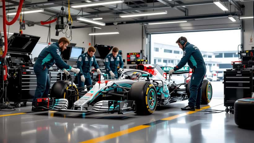 Mechaniker arbeitet an Mercedes F1 W17 Aerodynamik-Komponenten in der Boxengasse
