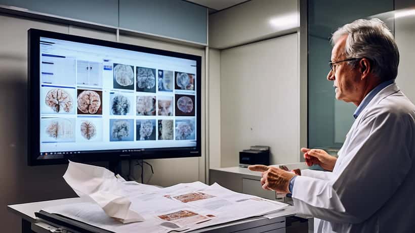 Neurologist reviewing brain MRI scans in a hospital neurology clinic