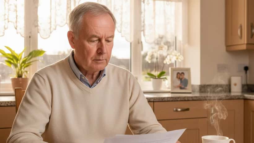 Retired British man reviewing pension documents at home in Surrey, warm afternoon light