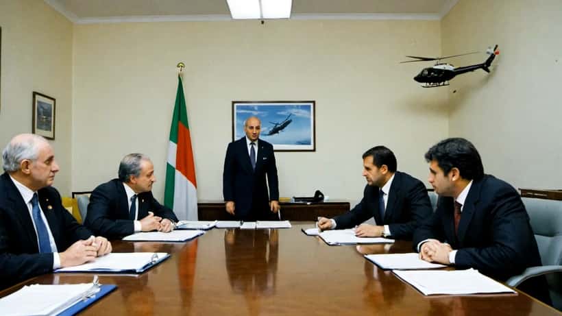 Sala riunioni aziendale con documenti di governance e modelli di difesa aerospaziale sul tavolo