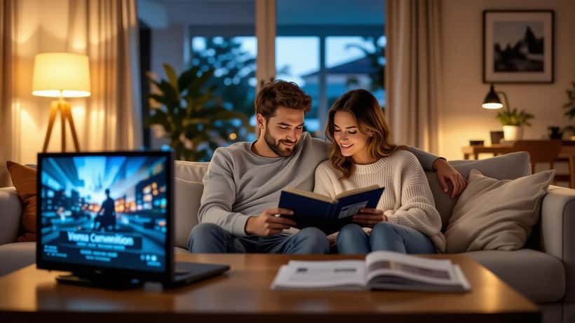 Couple watching a political drama at home with legal papers on the coffee table