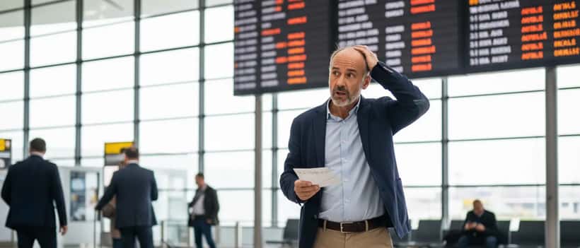 Passager frustré devant un tableau d'affichage de vols annulés dans un aéroport européen