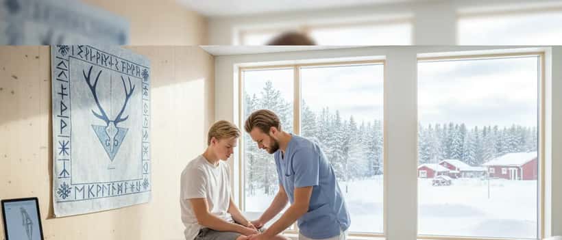 Svensk sportläkare undersöker ung manlig idrottares ben i modern klinik