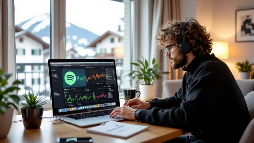 Musicien suisse consultant ses revenus streaming Spotify sur ordinateur