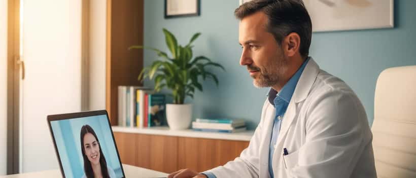Medico italiano durante consulto telemedicina online in ambulatorio moderno