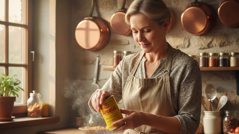 Une femme suisse assaisonne un plat avec de l'Aromat dans une cuisine traditionnelle de Schaffhouse