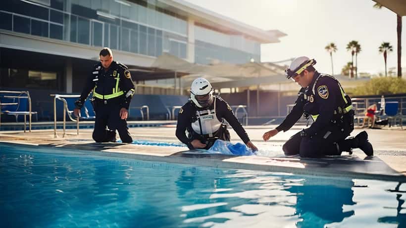 Secouristes pratiquant un massage cardiaque au bord d'une piscine publique lors d'une intervention d'urgence