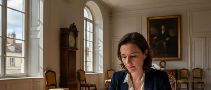 Femme examinant des documents officiels des résultats d'élections dans une mairie française