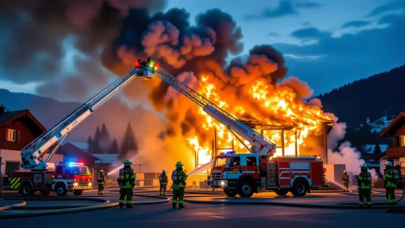 Pompiers combattant un incendie majeur dans un local commercial en Thurgovie, Suisse, la nuit du 5 mai 2026