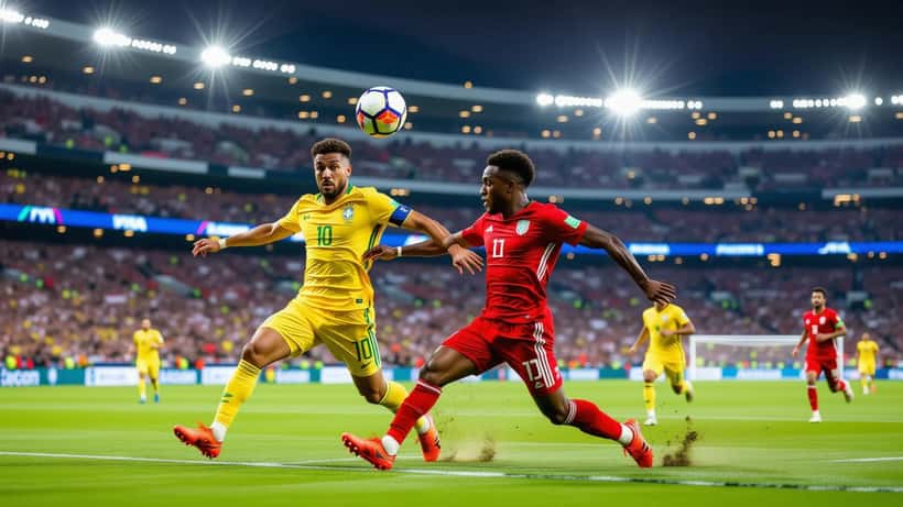 Deux joueurs de football sous les projecteurs du MetLife Stadium, match Brésil-Maroc Coupe du Monde 2026