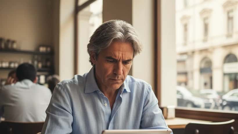 Uomo italiano di mezza età che analizza grafici finanziari su tablet in un caffè di Milano con titoli sul prezzo del petrolio