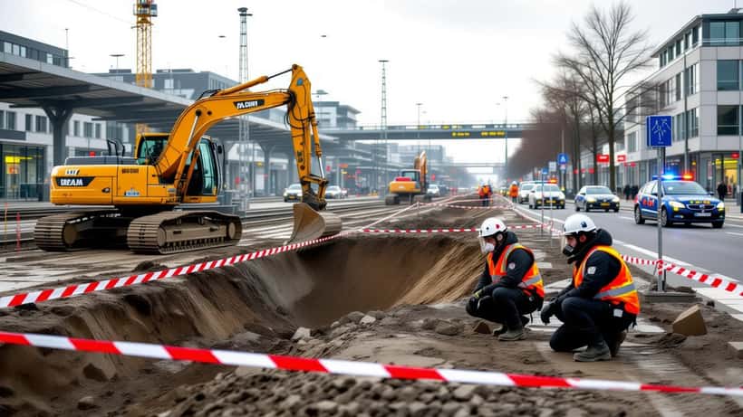 Kampfmittelbeseitigungsdienst und Absperrband an einer gesperrten Baustelle nach einem Bombenfund