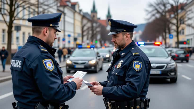 Polizist der Polizei Sachsen kontrolliert bei einer Verkehrskontrolle in Dresden den Ausweis eines Autofahrers
