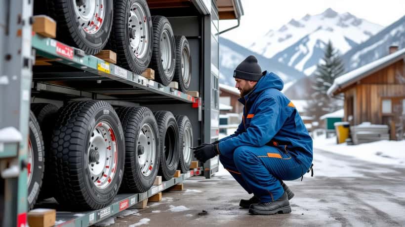 Mécanicien inspectant des pneus hiver 3PMSF devant un garage en montagne avec neige en arrière-plan