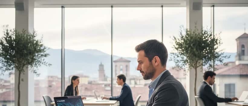Professionista IT italiano al lavoro su dashboard di intelligenza artificiale in un ufficio moderno
