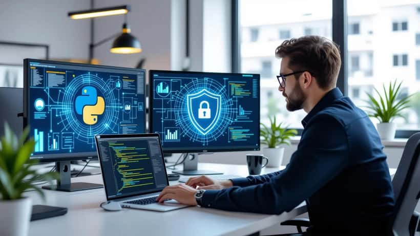 Developer reviewing Python dependency graph with cybersecurity shield