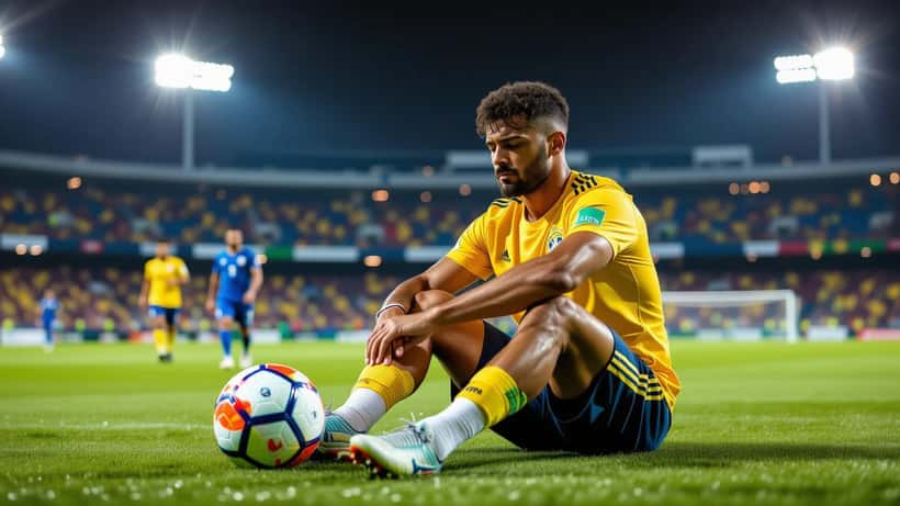 Futebolista amador segurando isquiotibial com dor em campo de futebol society em São Paulo