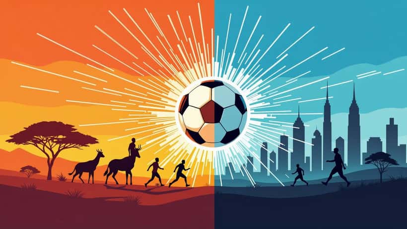 Illustration éditoriale du match Afrique du Sud – Corée du Sud à la Coupe du monde 2026, symboles des deux nations autour d’un ballon de football.