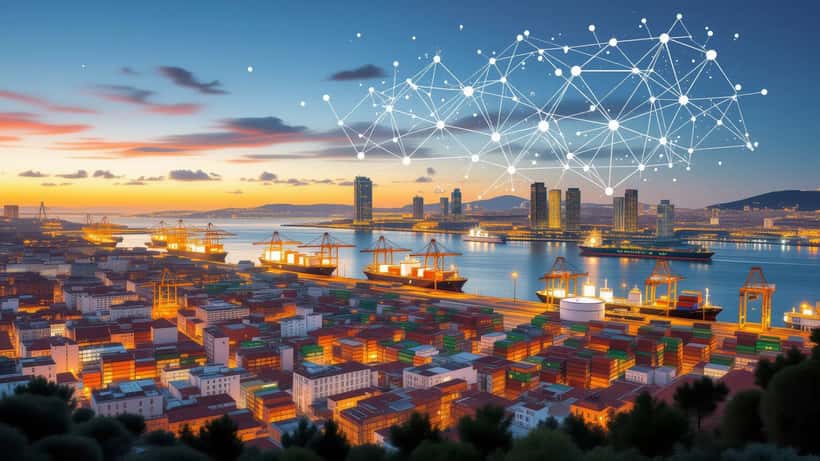Skyline de Lisboa com overlays digitais de compliance e silhuetas de petroleiros no horizonte