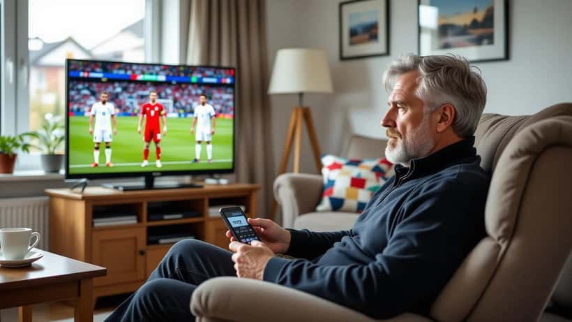 Mann holder seg til brystet mens han ser England mot Spania i Nations League på TV