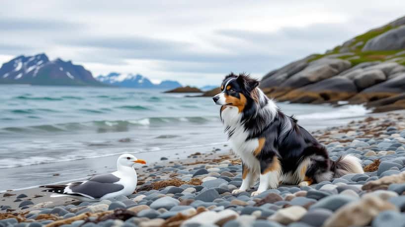 Hund i bånd på tur langs kysten i Rogaland med død måke på stranden
