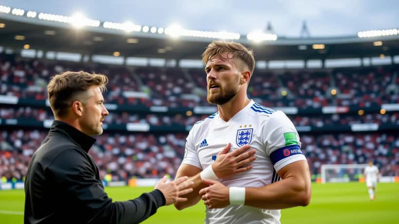 Footballer in a white kit clutching his left shoulder in pain during a World Cup match