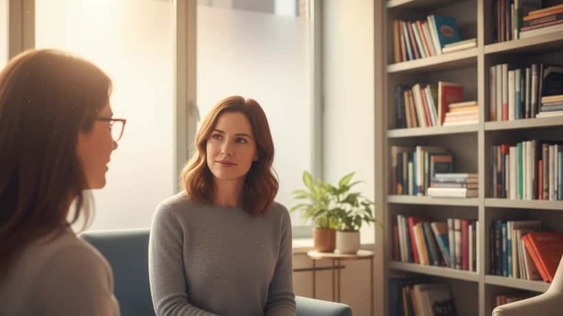 Woman in a therapist's consultation room in New York City, warm light, professional mental health setting