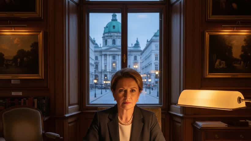 Österreichische Vermögensberaterin bei Nachlassplanung in Wiener Büro mit rechtlichen Dokumenten