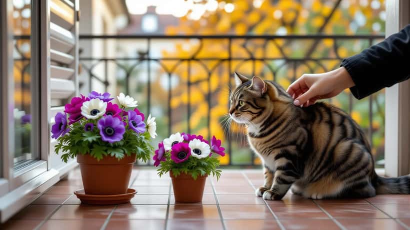 Chat tigré reniflant un pot d'anémones violettes sur un balcon en automne à Lyon, main inquiète d'une femme en arrière-plan