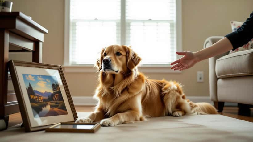 Golden Retriever pressing against wall in suburban home showing signs of anxiety and stress after an earthquake