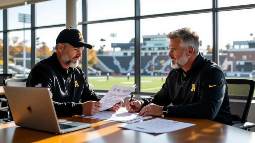 College football coach reviewing contract with attorney showing CFP ranking bonus clauses at a university athletic facility