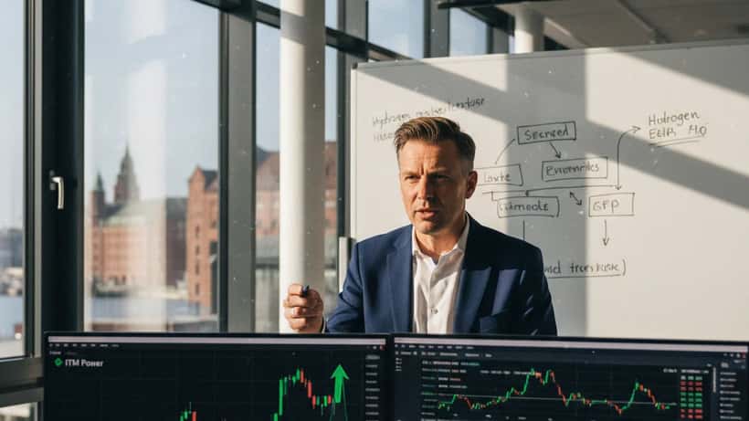 Finanzanalyst analysiert ITM Power Wasserstoff-Aktie auf Bildschirm in Hamburger Büro