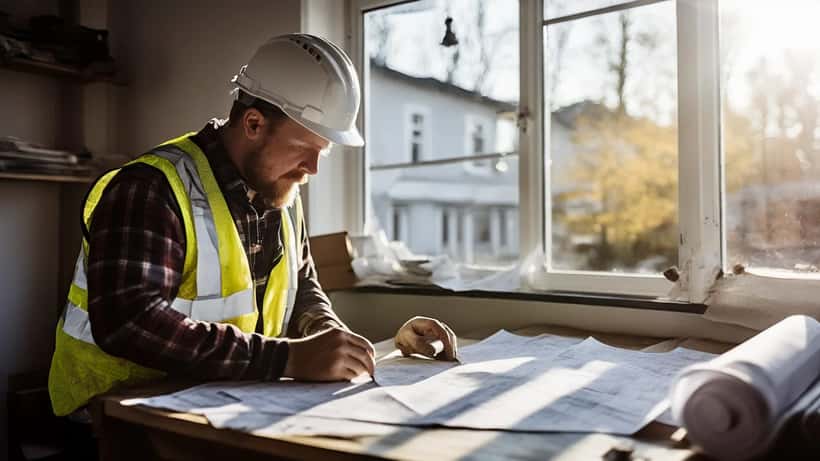 Rakennusmies tarkastaa piirustuksia suomalaisella remonttibaustella