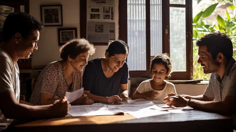 Família brasileira revisando documentos do CadÚnico em casa com assistente social em abril de 2026