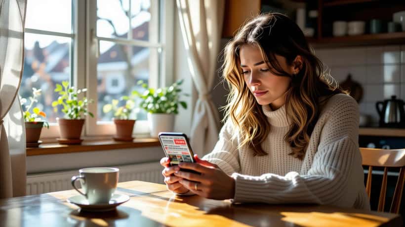 Vrouw van Oost-Europese afkomst bekijkt bezorgd russisch nieuws op smartphone in Nederlandse woning