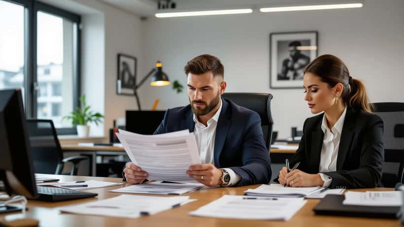 Sportrechtsanwalt prüft MMA-Kämpfervertrag in einem Wiener Büro