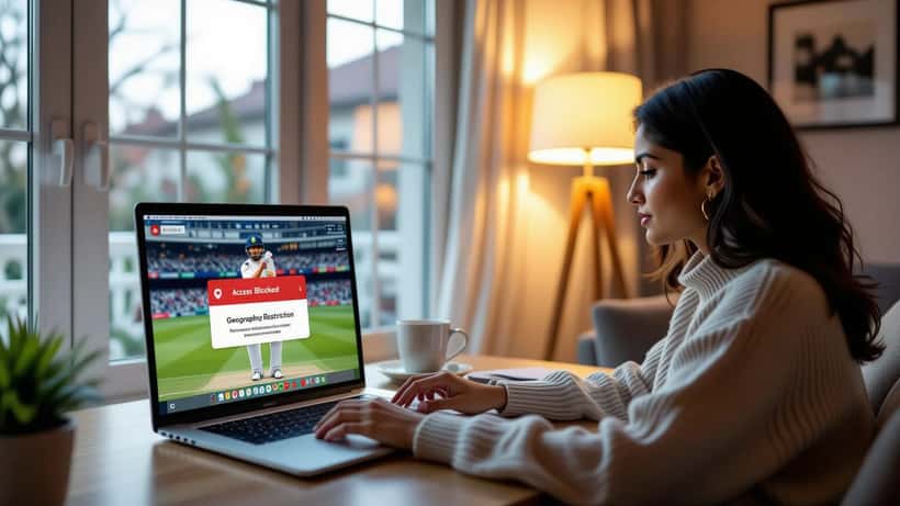 US cricket fan looking at laptop showing geographic restriction error while trying to stream India Japan T20I match