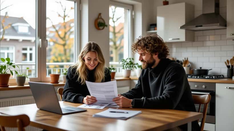 Stel controleert huurcontract en WWS puntentelling aan keukentafel in Utrecht appartement
