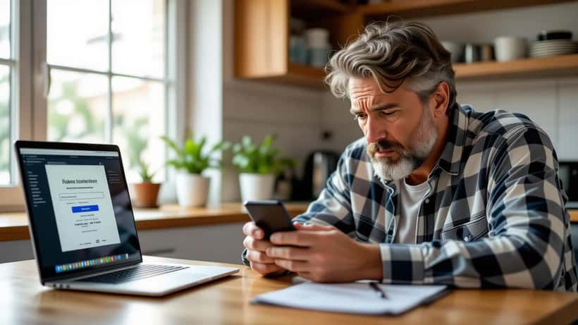 Uomo preoccupato guarda un finto SMS bancario sulla fusione Banco BPM-MPS, esempio di truffa phishing