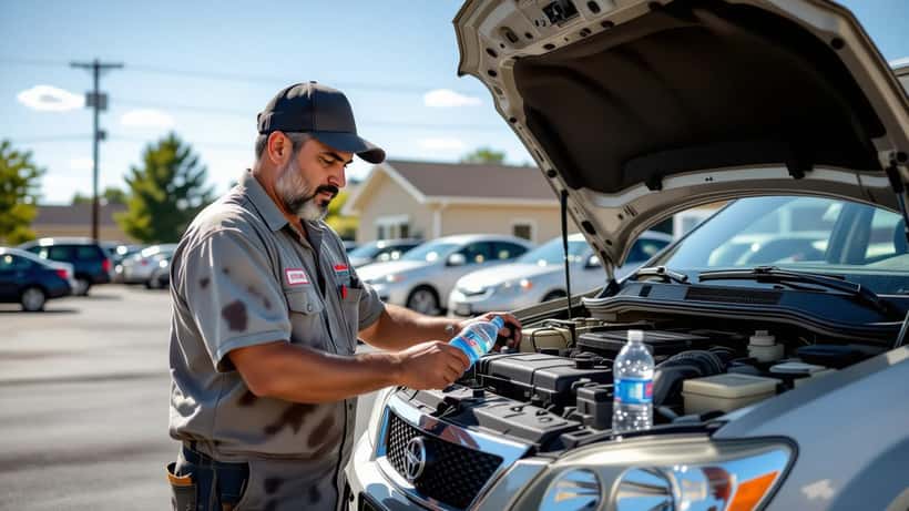 Mecánico revisa la batería y el radiador de un auto bajo el sol durante una ola de calor en Chicago