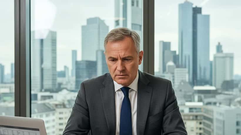 Deutscher Unternehmer im Anzug prüft Finanzunterlagen in einem Frankfurter Anwaltsbüro