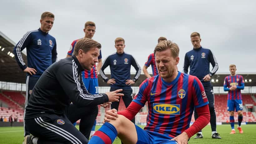 Svensk fotbollsspelare på gräsplan i Helsingborg håller i hamstringen med smärtsam min under träning