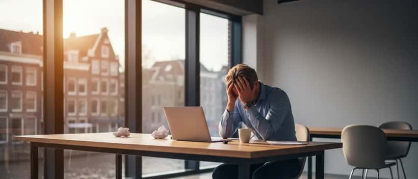 Nederlandse professional uitgeput achter laptop in modern kantoor, burn-out symptomen